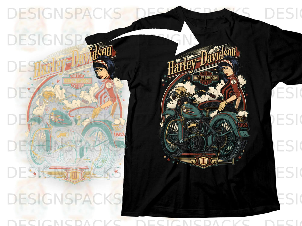 Black t-shirt featuring Harley-Davidson logo, vintage motorcycle, and a pin-up girl.