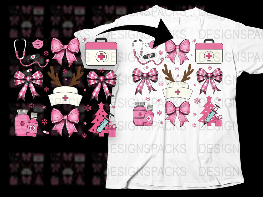 Nurse Themed T-Shirt and Accessories, Pink Medical Motif, Stethoscope, Bandage, Cute Nurse Gift Set