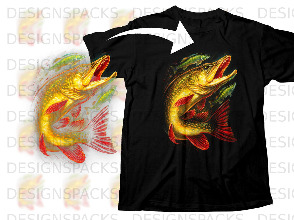 Black t-shirt with a graphic of a pike fish and smaller fish in motion.