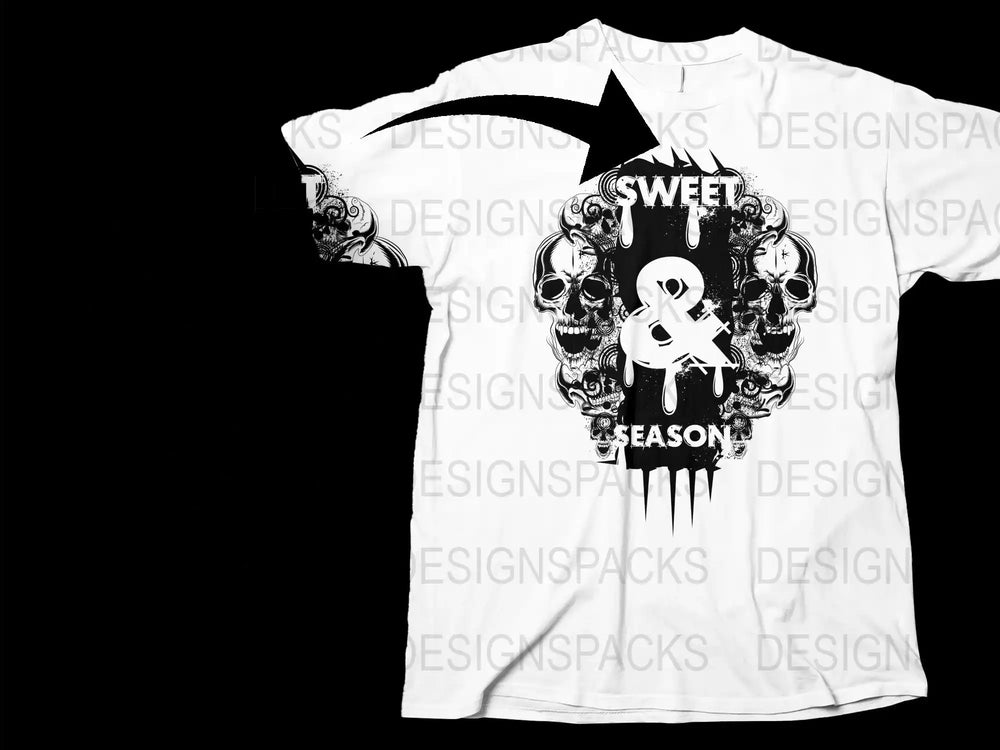 Men's Gothic Skull and Sweet Season Graphic T-Shirt, Black and White, Urban Streetwear Style Tee