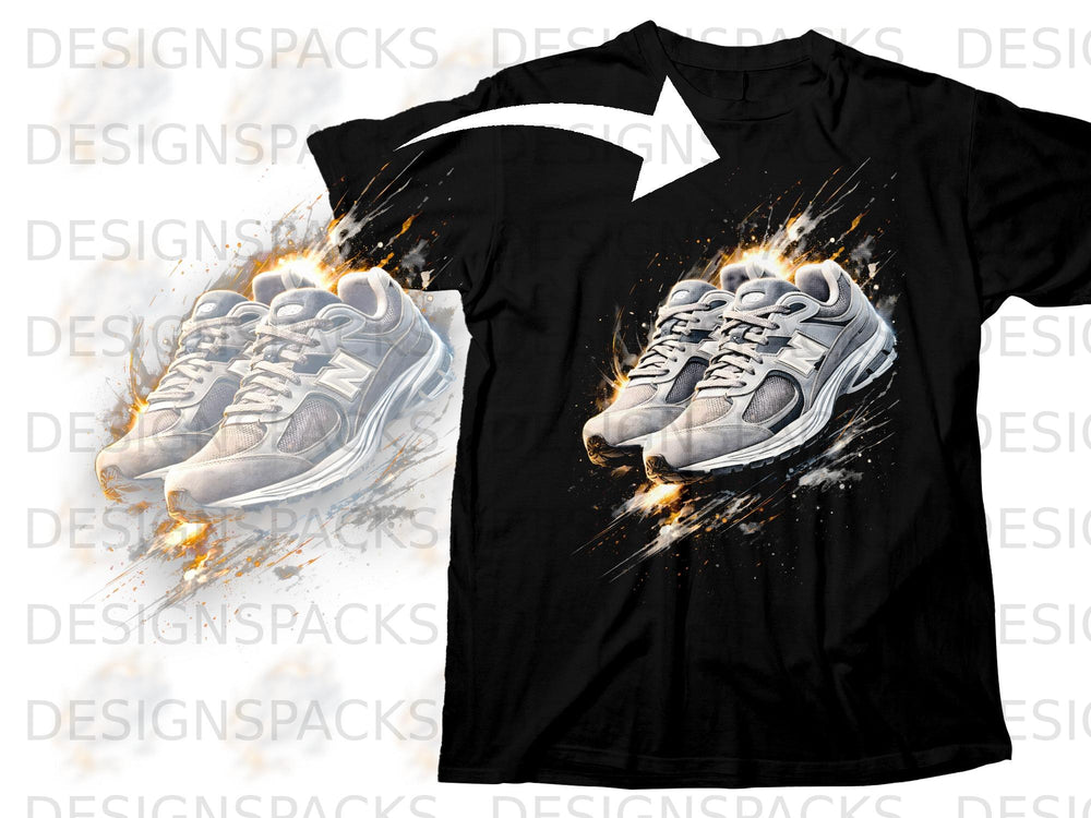 Black t-shirt featuring a graphic of two grey athletic shoes with a splash effect.