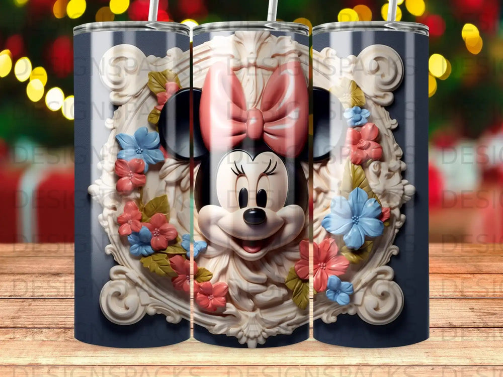 Minnie Mouse character with pink bow and floral wreath on tumbler.