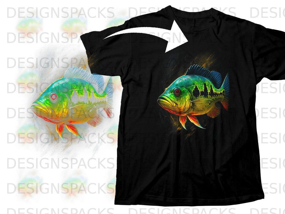 Black t-shirt with a colorful, realistic peacock bass graphic on the front.