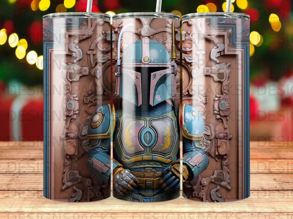 Boba Fett inspired tumbler with intricate steampunk armor and helmet design.