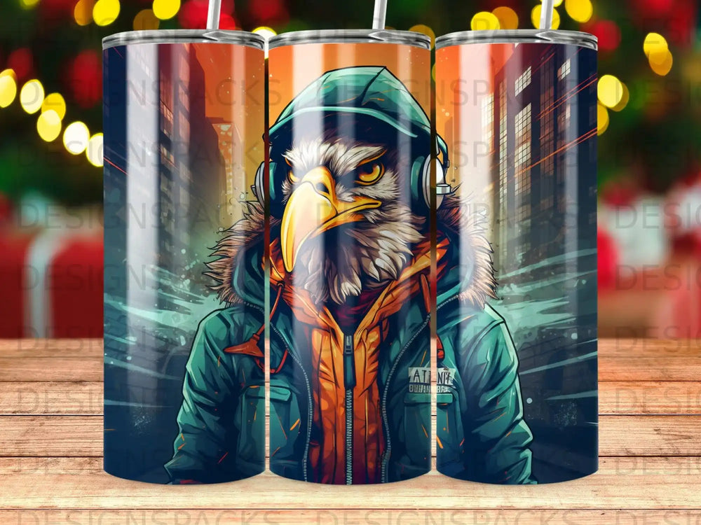 Eagle wearing headphones and a green jacket with orange accents.
