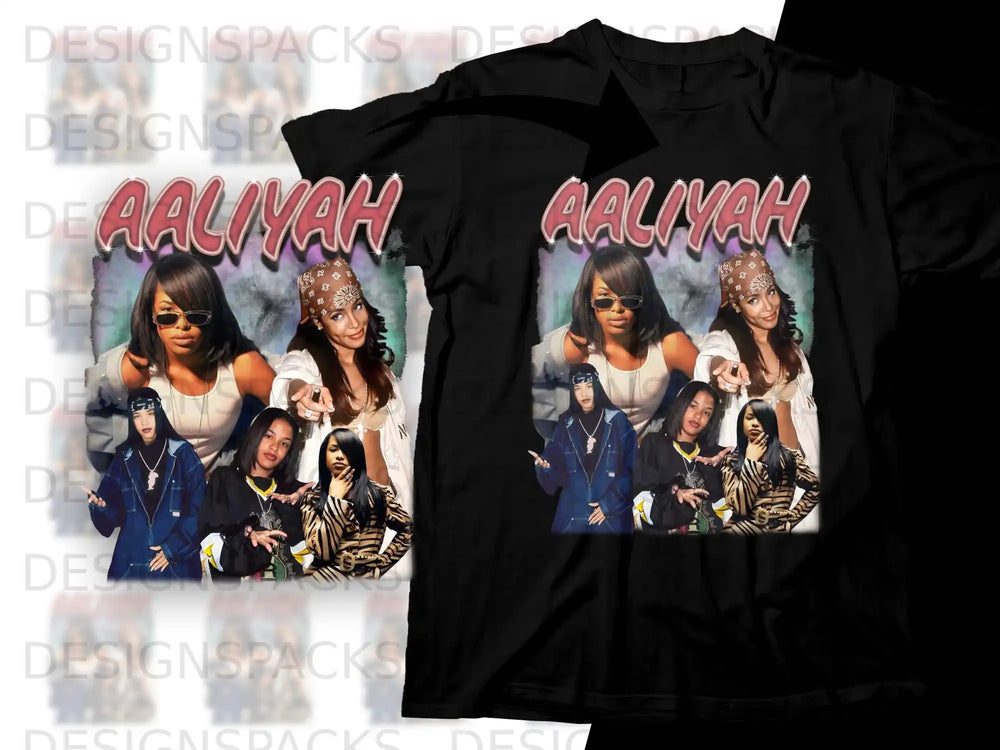 Aaliyah graphic tee featuring collage of singer in different poses.