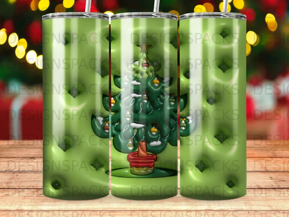 Green Christmas tree tumbler with festive ornaments and lights.