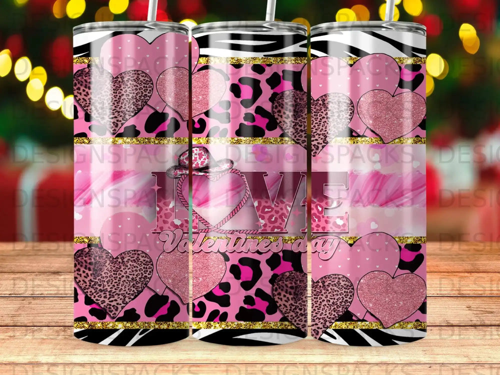 Pink tumbler with leopard print, glitter hearts, and "LOVE Valentine's Day" text.