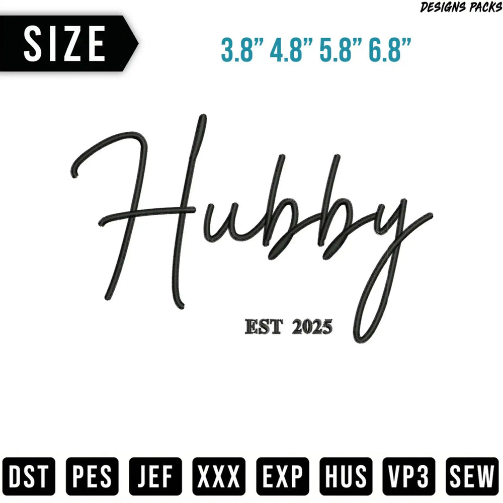 "Hubby" embroidery design with sizes and file formats.