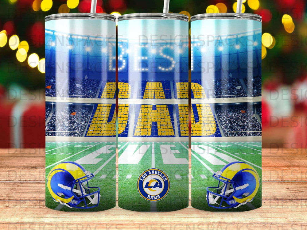 Los Angeles Rams stadium, football helmets, and "BEST DAD" text.