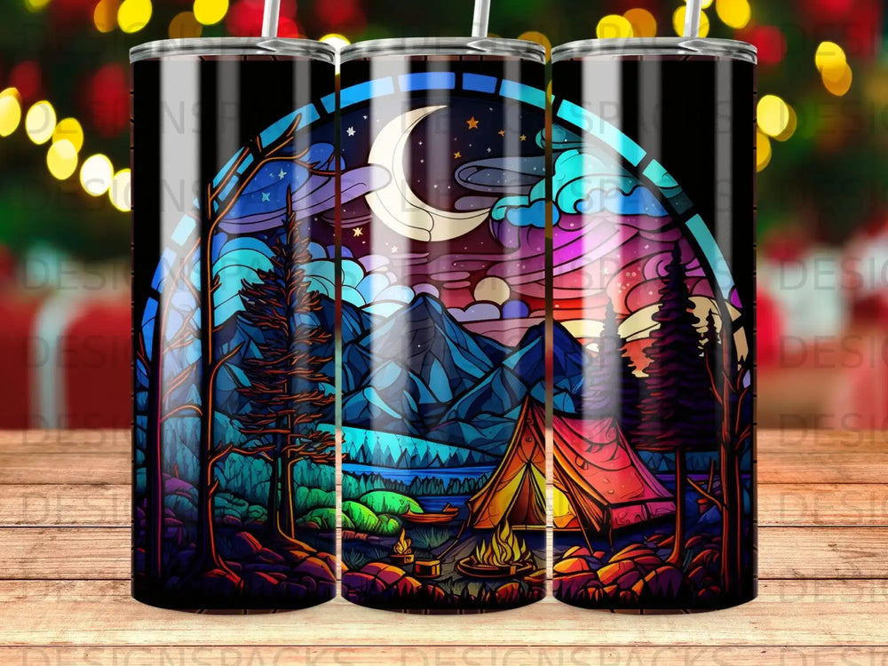 Stained glass design of a camping scene at night with a crescent moon.