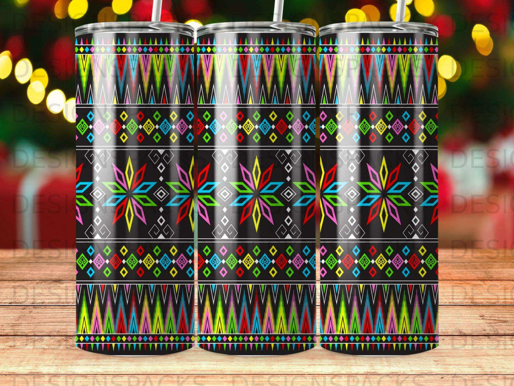 Black tumbler with colorful geometric Southwest-inspired pattern.