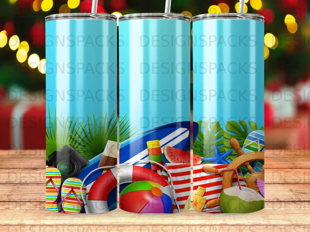 Beach scene with striped tumbler, flip-flops, life preserver, and beach ball.