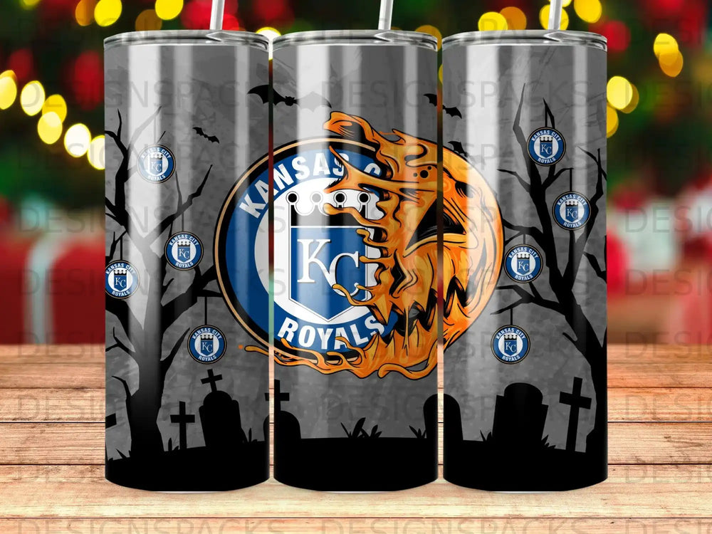 Kansas City Royals logo on a Halloween-themed tumbler with trees and tombstones.