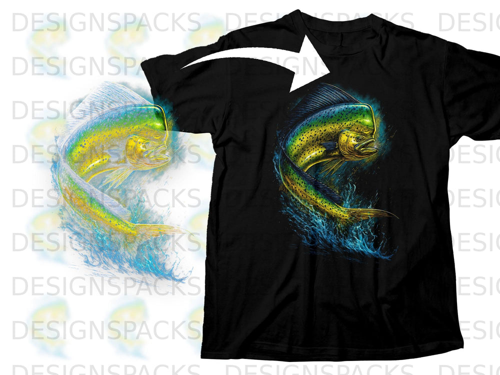 Black t-shirt featuring a vibrant Mahi Mahi fish leaping from blue water.