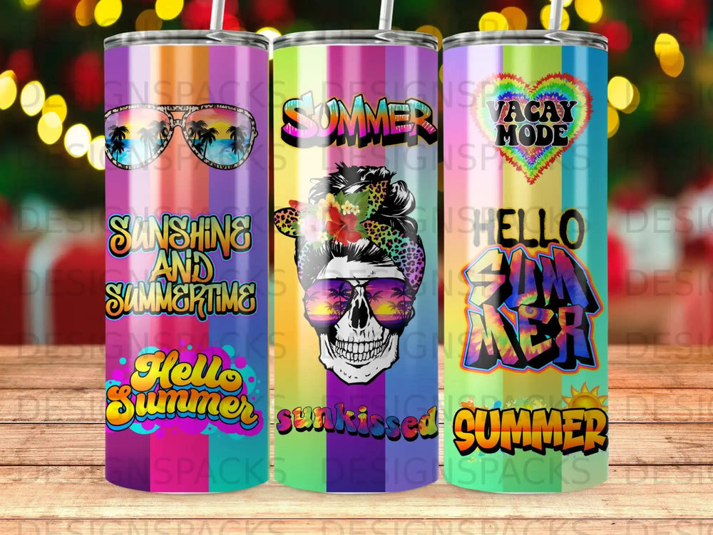 Three tumblers with colorful, abstract "Summer" and "Vacay Mode" designs.