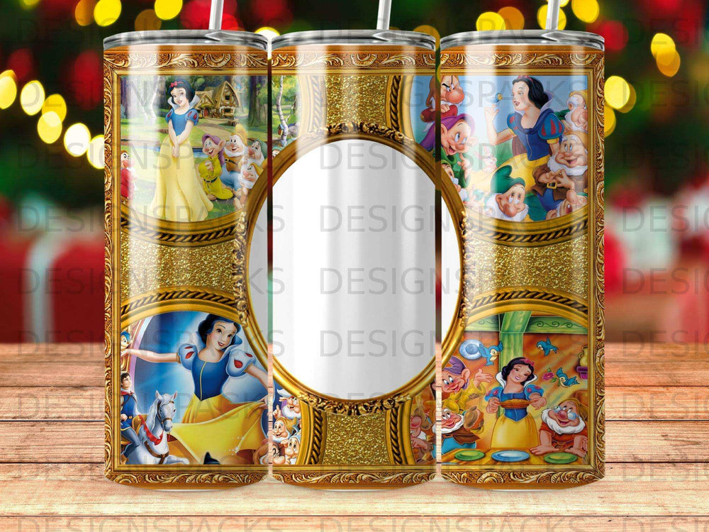 Snow White and the Seven Dwarfs in gold ornate frames.