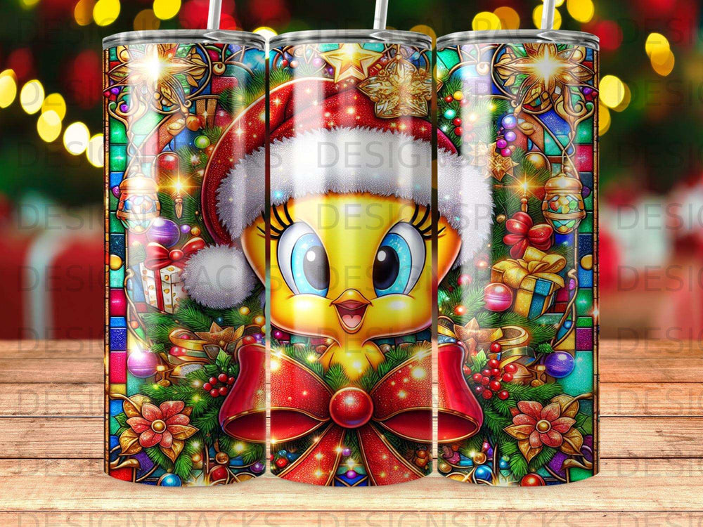 Tweety bird in Santa hat with Christmas lights and ornaments.