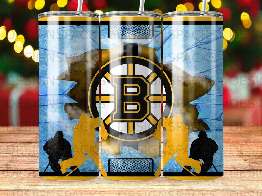 Boston Bruins logo on a hockey-themed tumbler with cracked ice and player silhouettes.