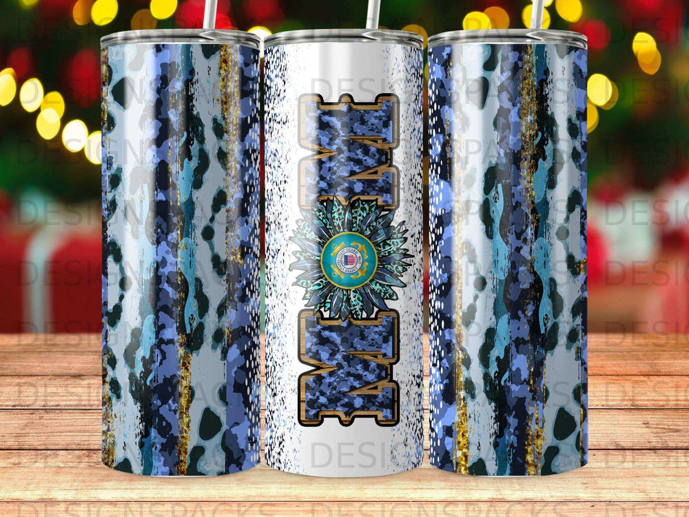 Mom tumbler with blue, black, and gold camouflage pattern.
