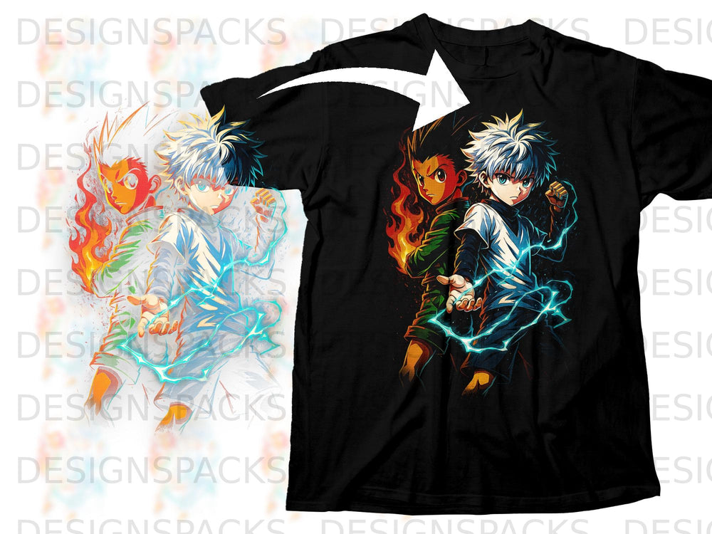 Black t-shirt featuring anime characters Gon and Killua with fire and lightning effects.