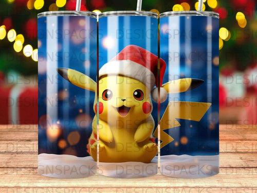 Pikachu wearing a Santa hat, with a festive background.