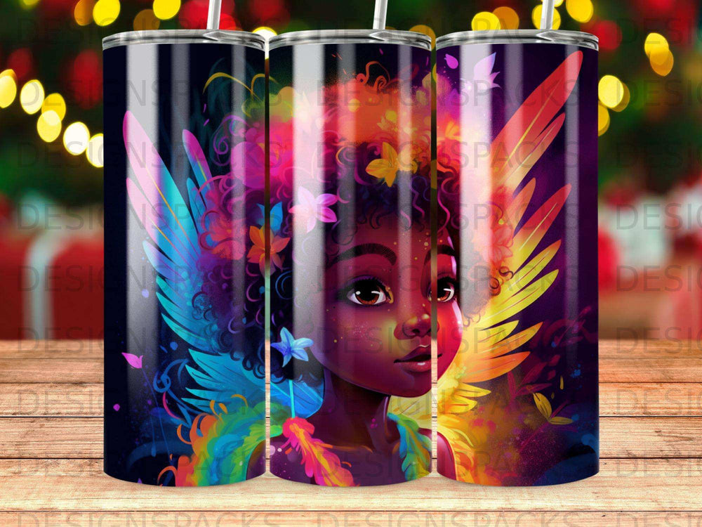 Colorful abstract art of a young woman with wings on a tumbler.