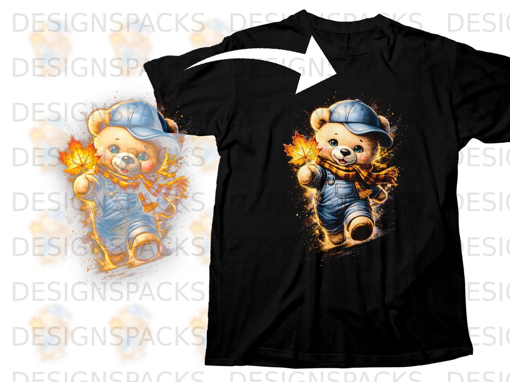 Cute cartoon bear in overalls and scarf holding a maple leaf on a black t-shirt.