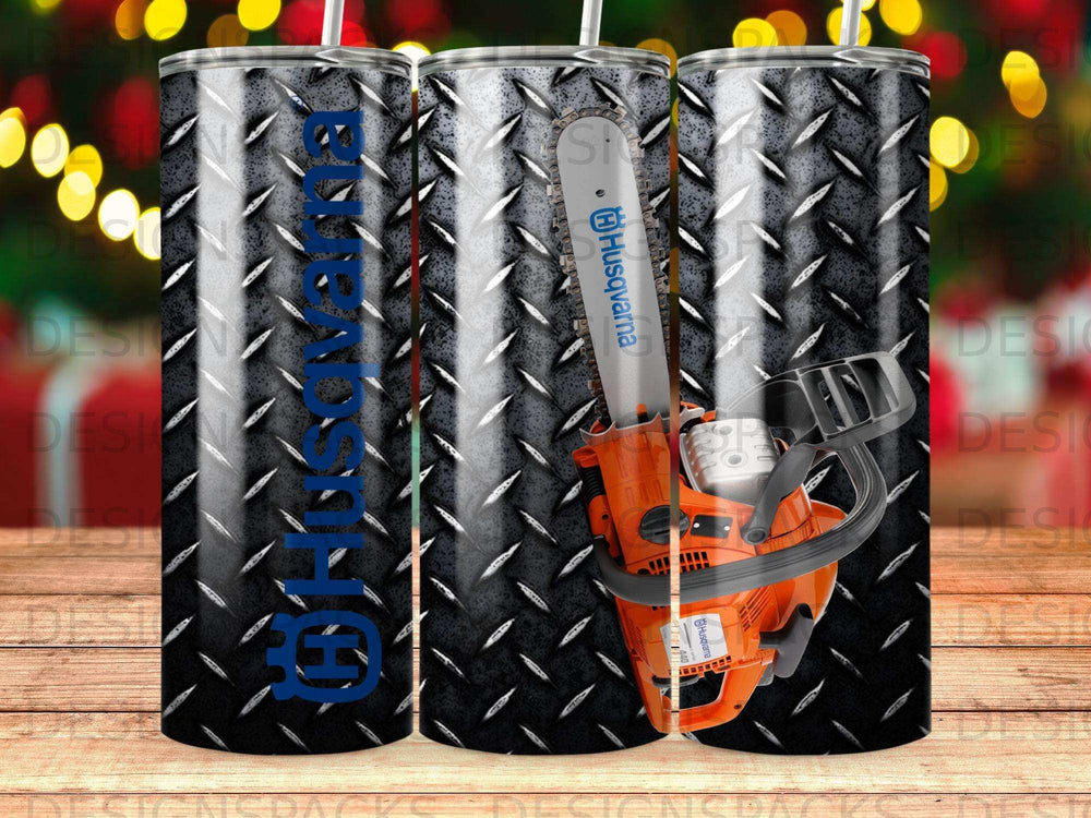 Husqvarna chainsaw on diamond plate background with repeated Husqvarna logo.