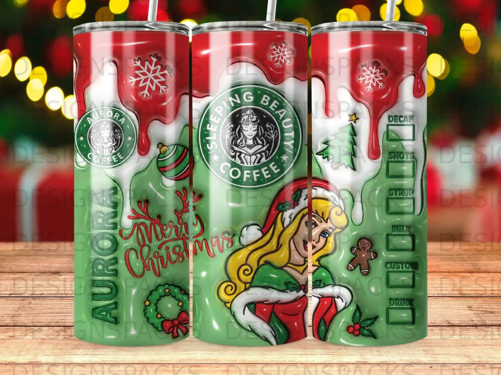 Christmas tumbler with Aurora Coffee logo and holiday graphics.