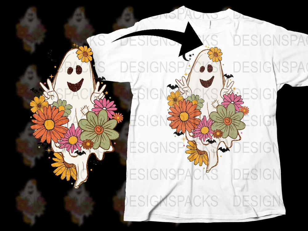 Cute Ghost Floral T-Shirt, Spooky Halloween Graphic Tee, Unisex Adult Casual Wear, Fun Autumn Design Shirt
