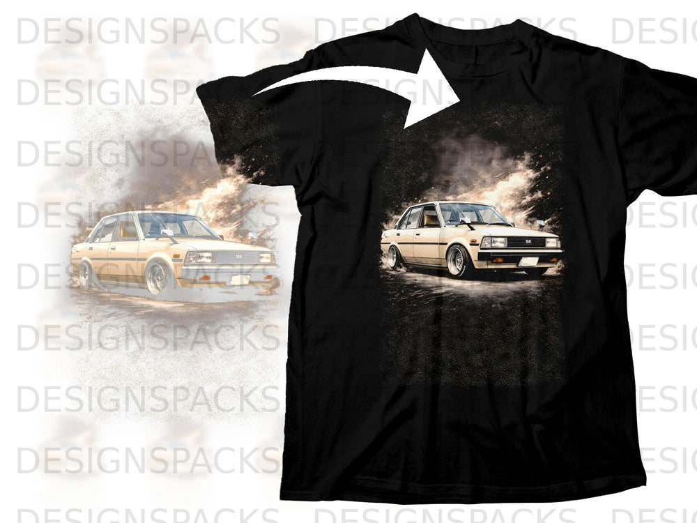 Black t-shirt with graphic of beige sedan doing a donut in smoke.