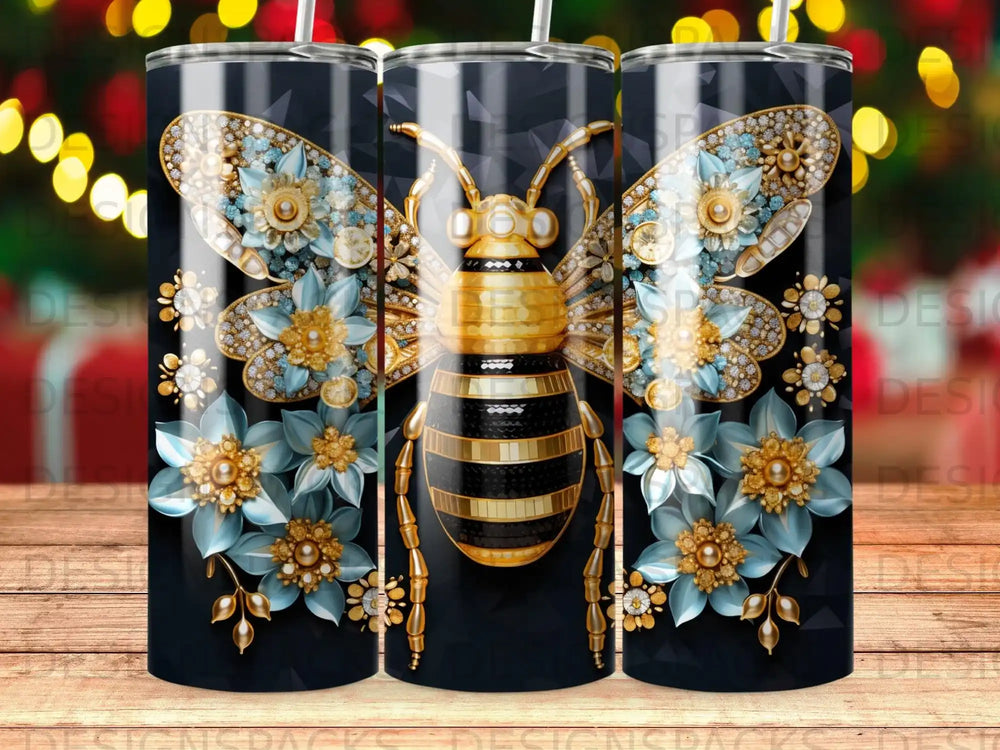 Gold and black bee with blue flowers and gemstones on a dark background.