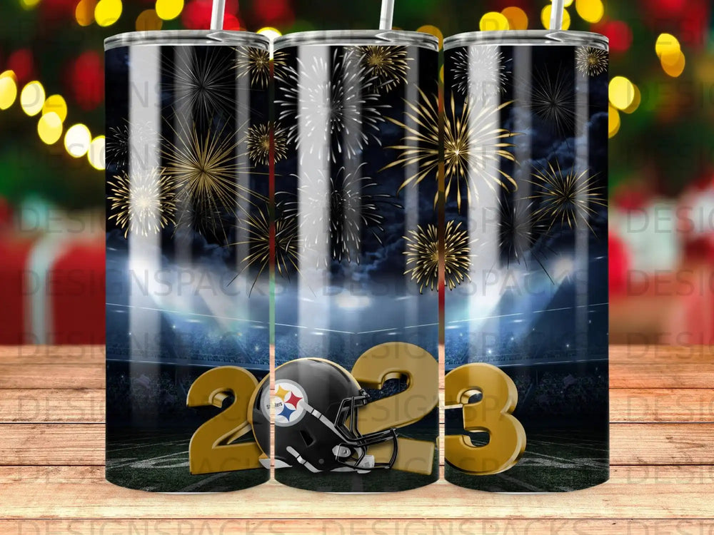 Pittsburgh Steelers logo and 2023 fireworks on a stadium background.
