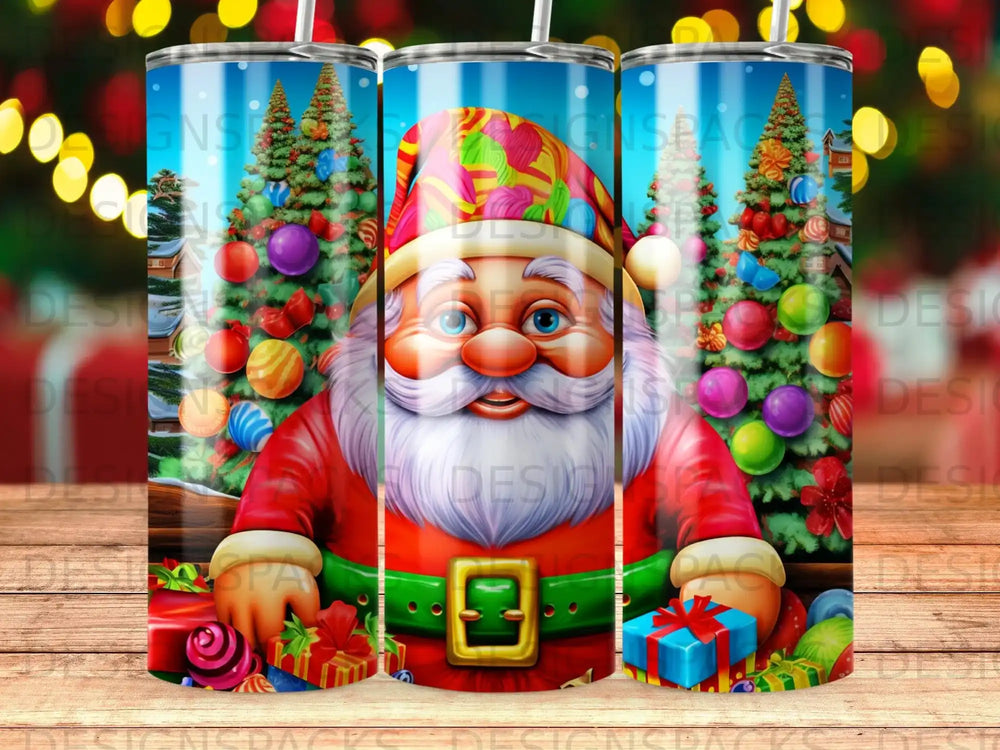 Santa Claus with Christmas trees and ornaments, holding gift boxes.
