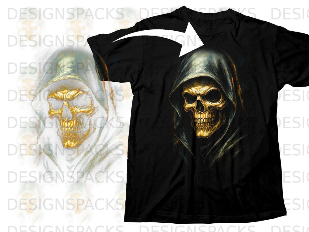 Black t-shirt with a golden skull in a hooded cloak graphic.