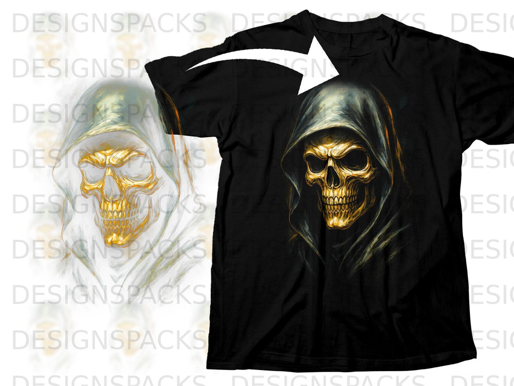 Black t-shirt with a golden skull in a hooded cloak graphic.