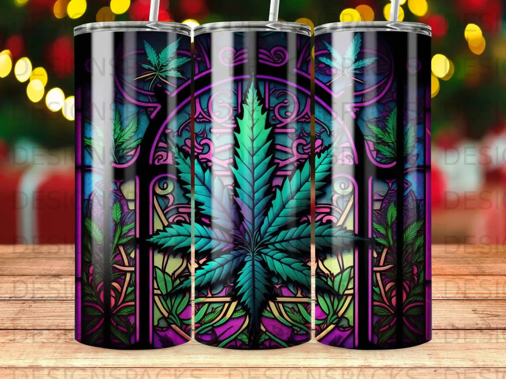 Stained glass design featuring a purple cannabis leaf and intricate patterns.