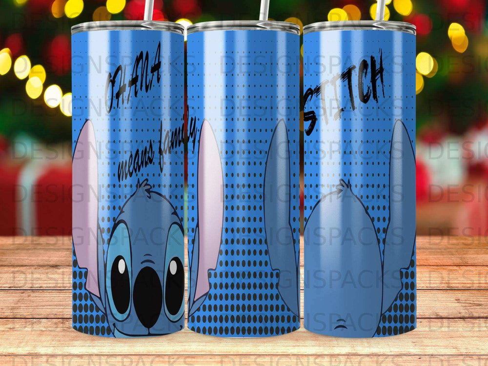 Blue tumbler featuring Stitch's face and "Family means Stitch" text.