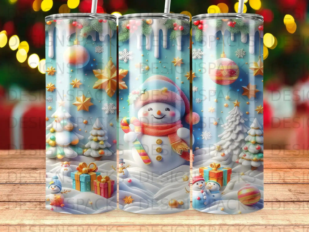 Festive snowman with candy cane and gifts on snowy background.
