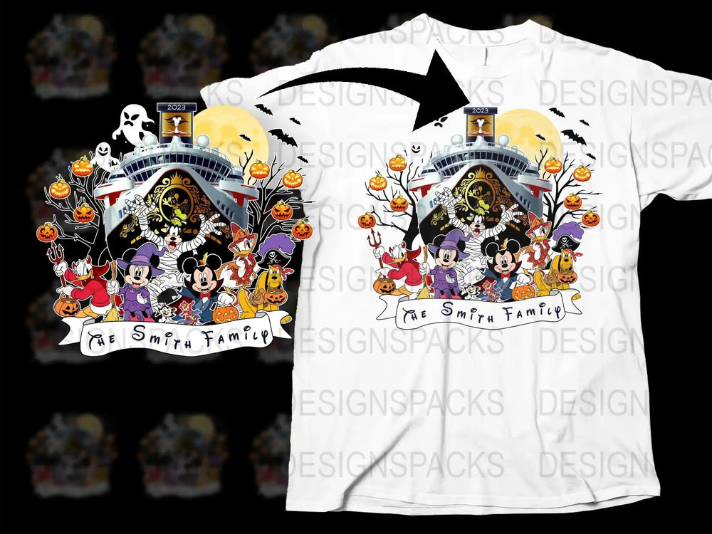 Custom Family Halloween T-Shirt, Personalized Disney Castle Tee, Spooky Cartoon Characters Top