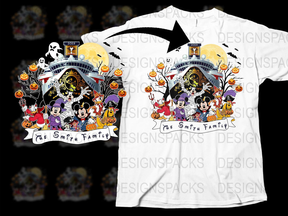 Custom Family Halloween T-Shirt, Personalized Disney Castle Tee, Spooky Cartoon Characters Top