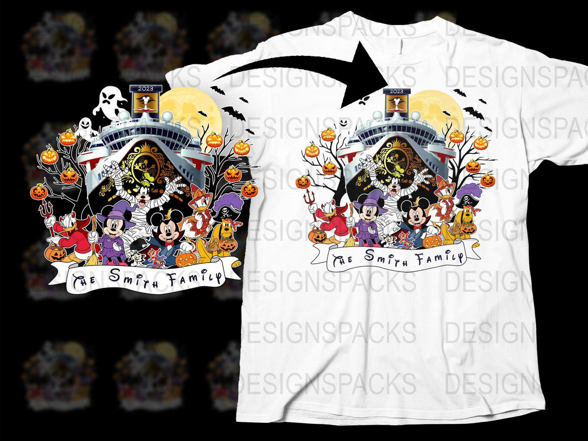 Custom Family Halloween T-Shirt, Personalized Disney Castle Tee, Spooky Cartoon Characters Top