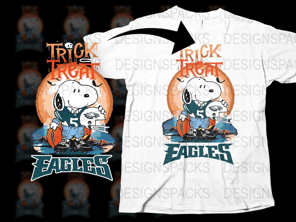 Trick or Treat Football Theme T-Shirt, Cute Cartoon Ghost, Halloween Sports Tee, Eagles Casual Wear