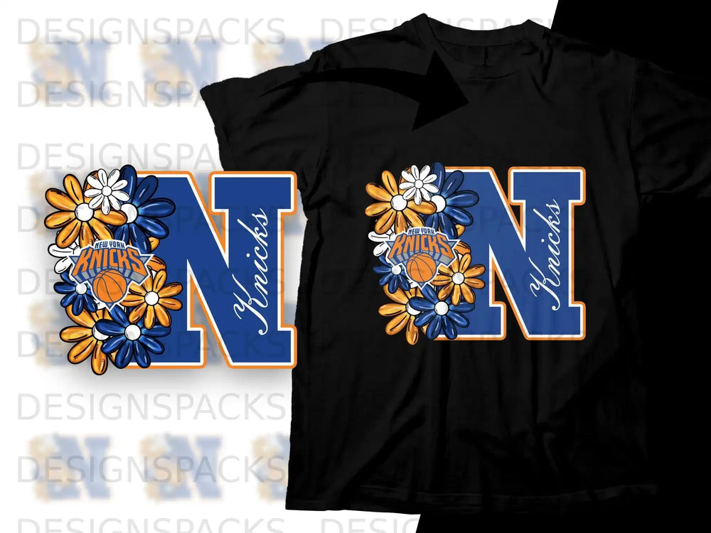 New York Knicks logo with blue, orange, and white flowers.