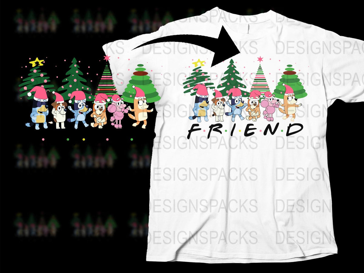 Friends Christmas T-Shirt, Holiday Group Tee, Festive Santa Hat Cartoon Characters, Unisex Gift Idea