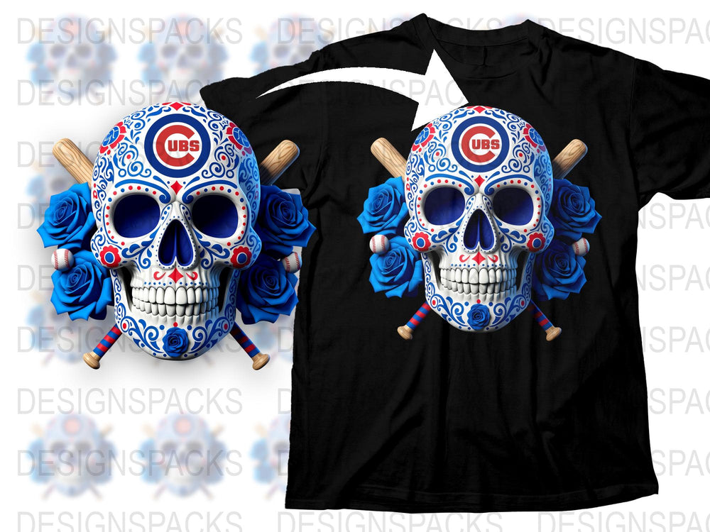 Chicago Baseball Sugar Skull T-Shirt, Blue Roses Sports Fan Apparel, Unique Graphic Tee