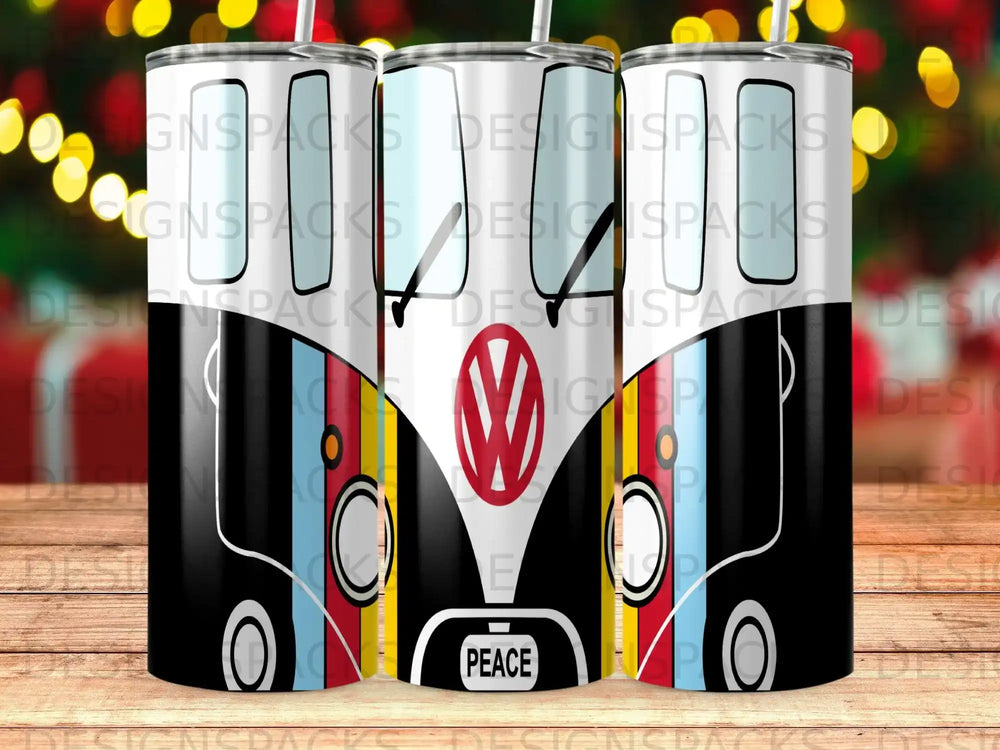 Bus with "PEACE" graphic on white background, three tumblers visible.