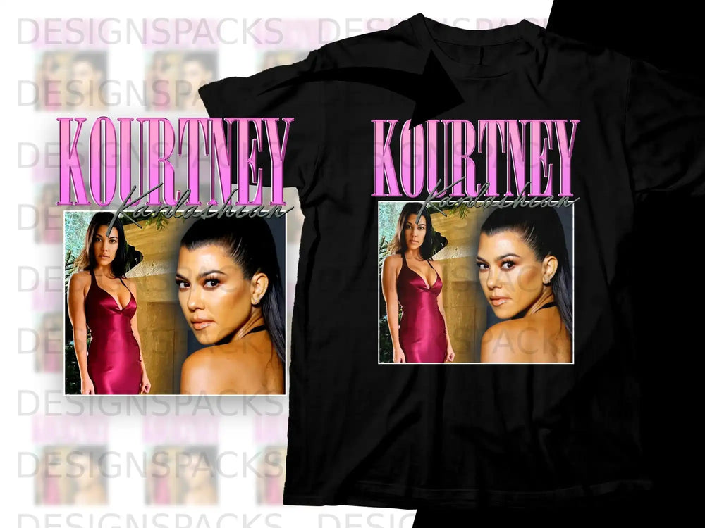 Kourtney Kardashian in a red dress, with text "KOURTNEY KARDASHIAN" above.