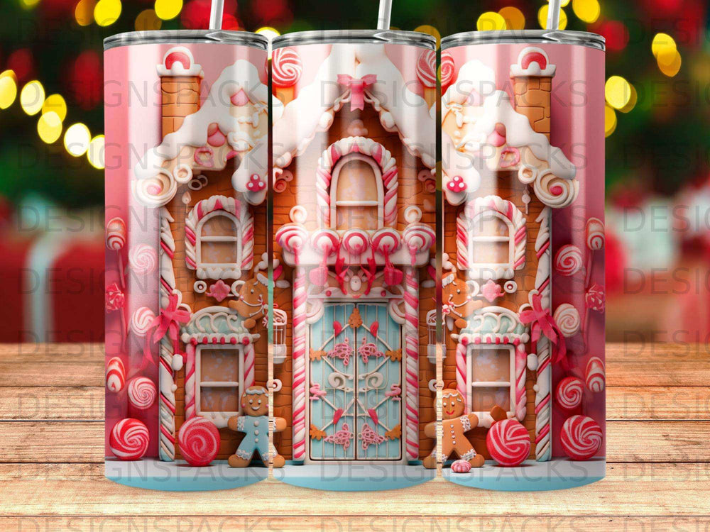 Gingerbread house with candy cane accents and frosted windows.